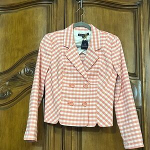 NEW Brooks Brothers Coral Peach White Gingham Cropped Fit Double Breast Blazer4